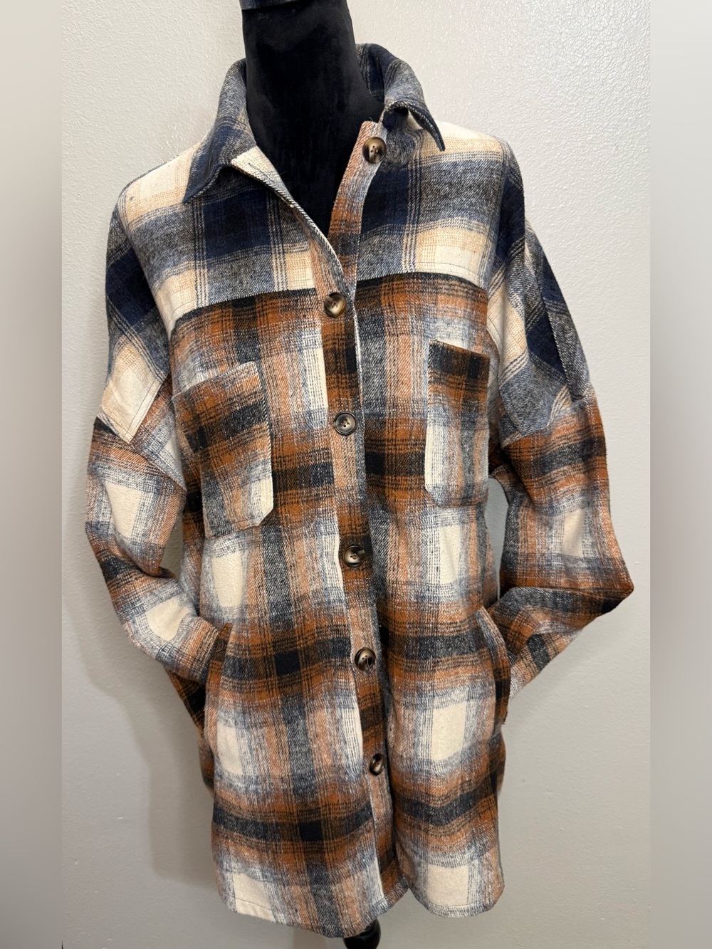 Plaid Button-Front Shacket in Cream, Brown & Navy Blue